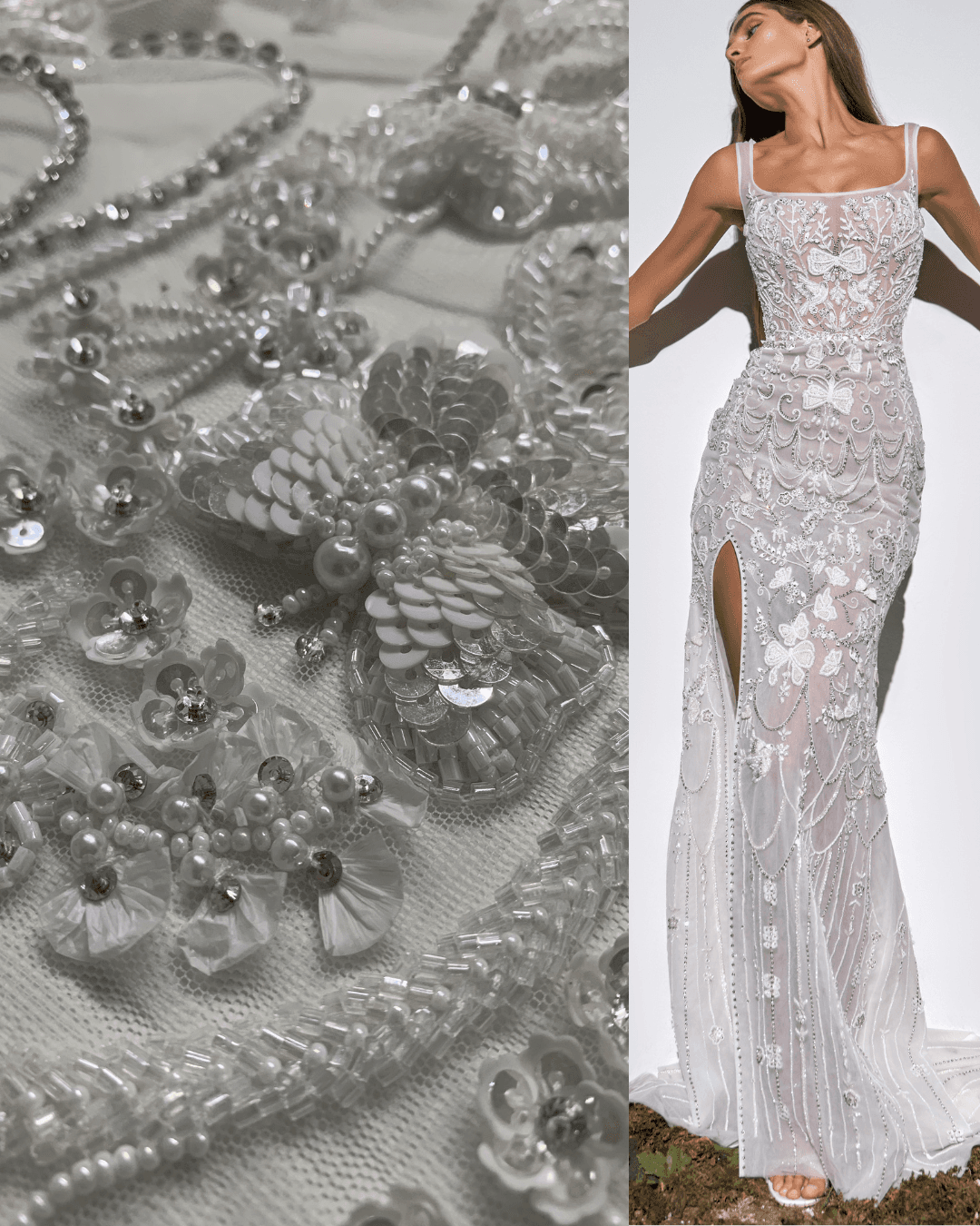 White floral crystal embroidery crafted by hand