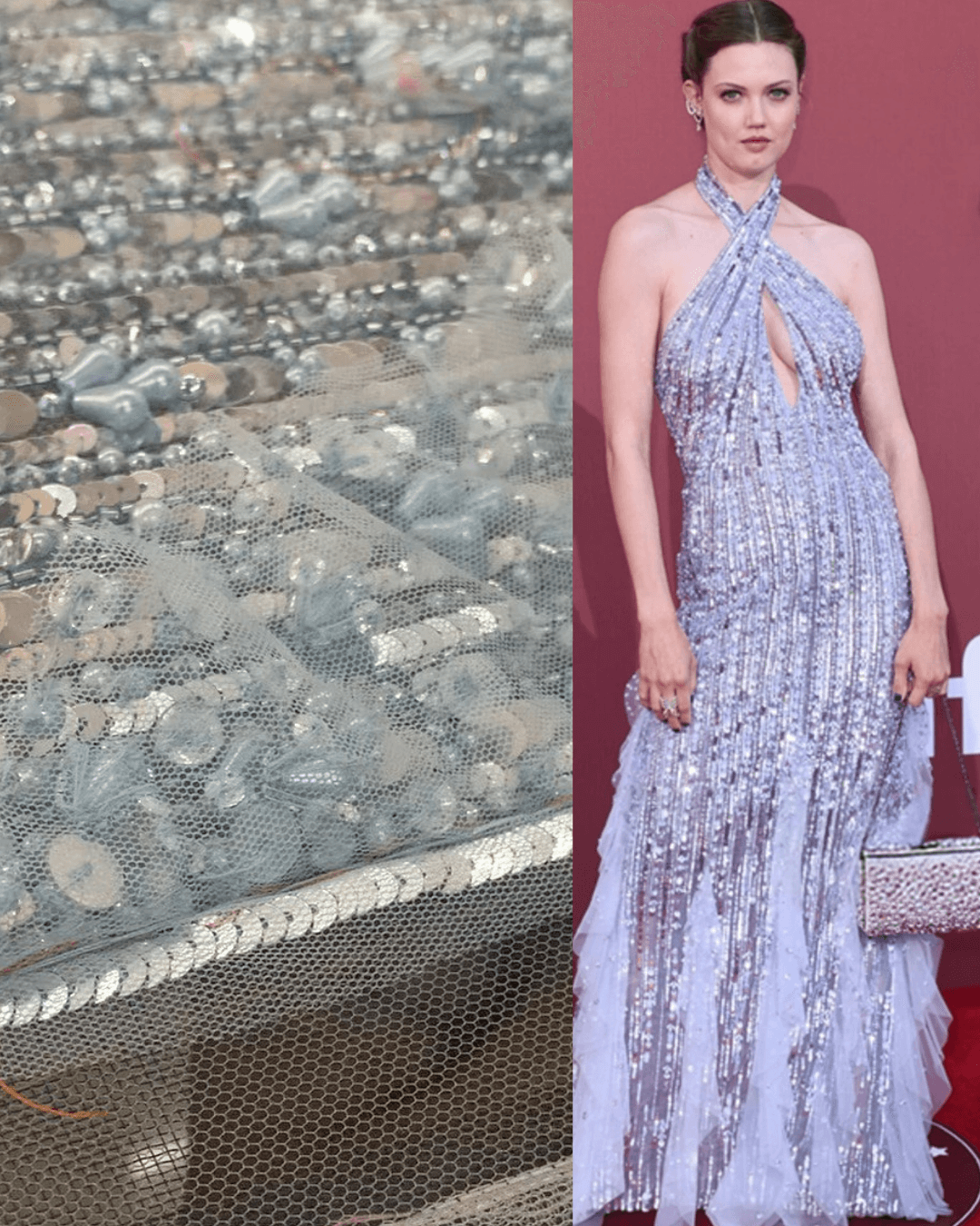 Silver sequin embroidery illuminated in movement